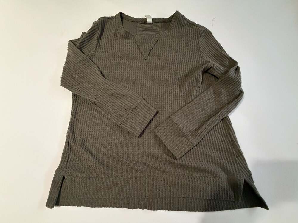 Green Tea Top L Olive Brown Waffle Knit Long Sleeve Scoop Neck Thermal